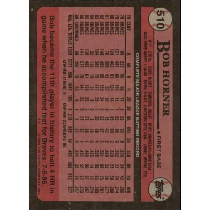 1989 Topps #510 Bob Horner NM-MT St. Louis Cardinals Baseball Card - Baseball Card Single