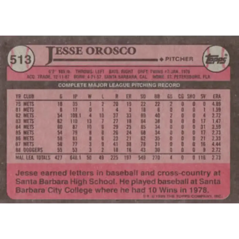 1989 Topps #513 Jesse Orosco NM-MT Los Angeles Dodgers Baseball Card - Baseball Card Single