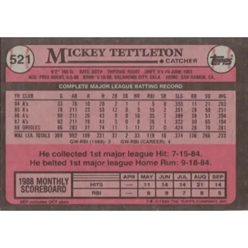 1989 Topps #521 Mickey Tettleton NM-MT Baltimore Orioles Baseball Card - Baseball Card Single