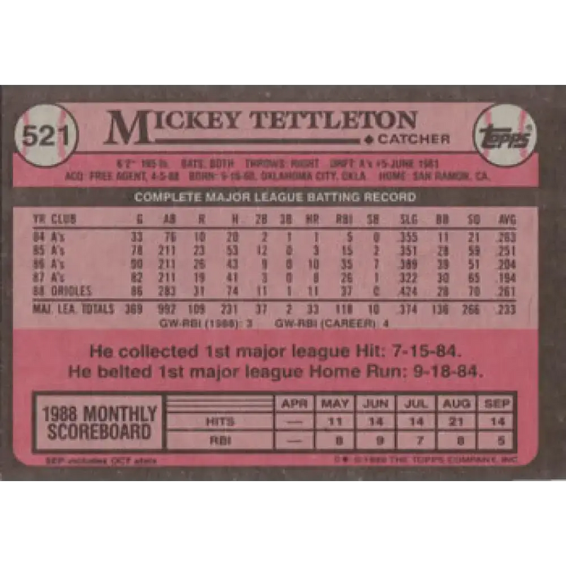 1989 Topps #521 Mickey Tettleton NM-MT Baltimore Orioles Baseball Card - Baseball Card Single