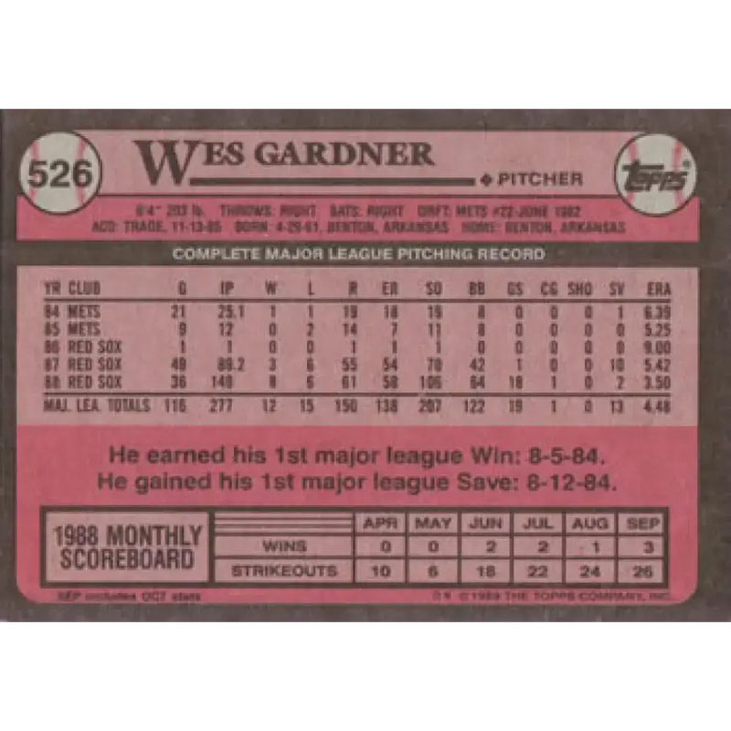1989 Topps #526 Wes Gardner NM-MT Boston Red Sox Baseball Card - Baseball Card Single
