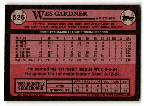 1989 Topps #526 Wes Gardner NM Near Mint Red Sox ID:63776 - Baseball Card Single