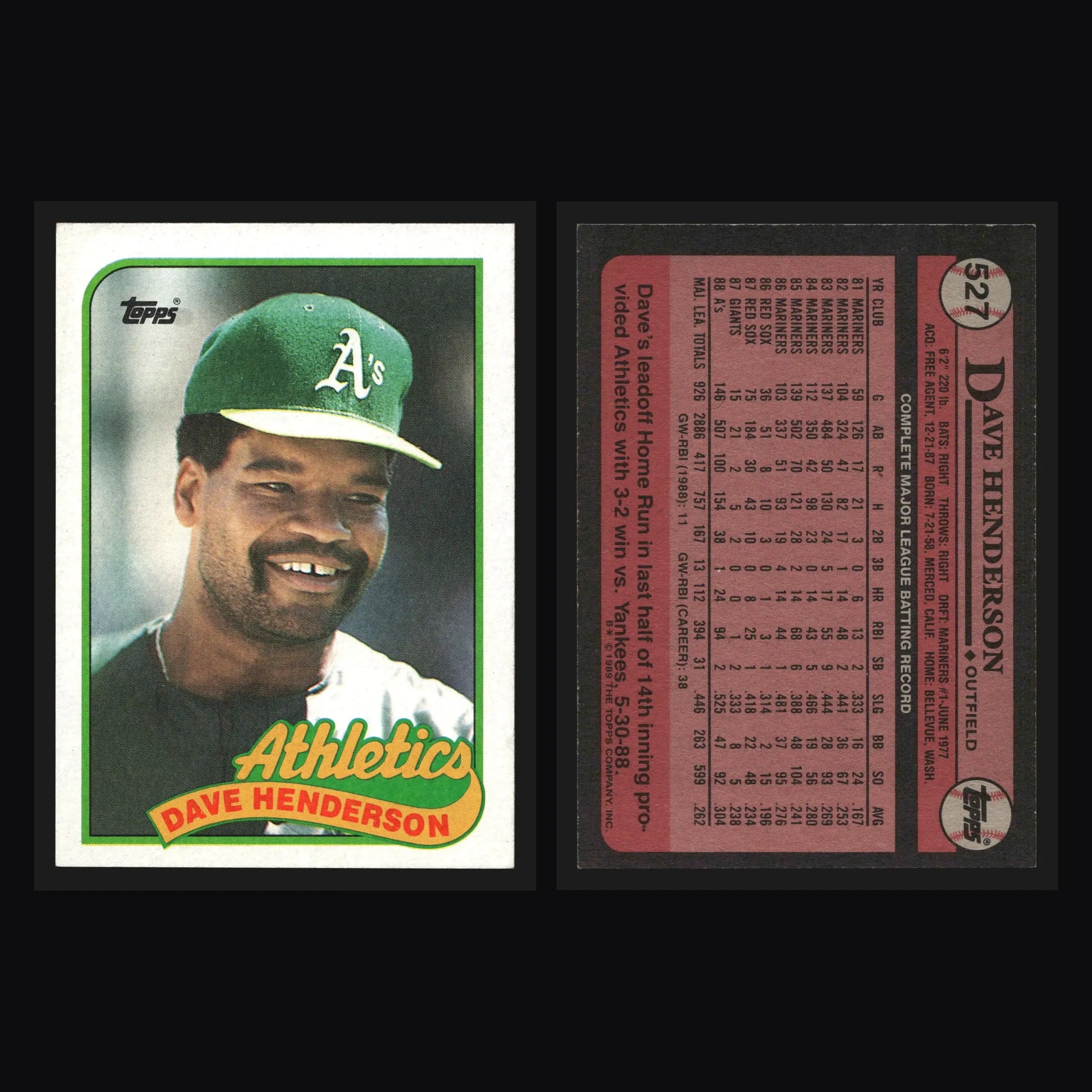 1989 Topps #527 Dave Henderson Oakland Athletics - Baseball Card Single