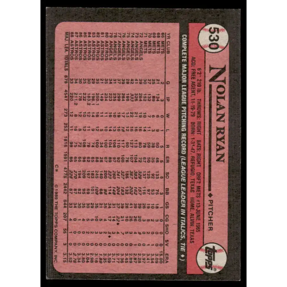 1989 Topps #530 Nolan Ryan EX/NM Houston Astros Baseball Card