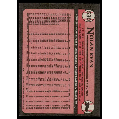 1989 Topps #530 Nolan Ryan EX/NM Houston Astros Baseball Card