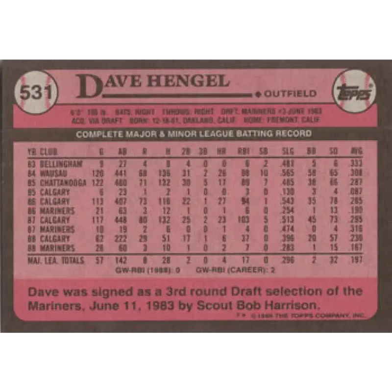 1989 Topps #531 Dave Hengel NM-MT Seattle Mariners Baseball Card - Baseball Card Single