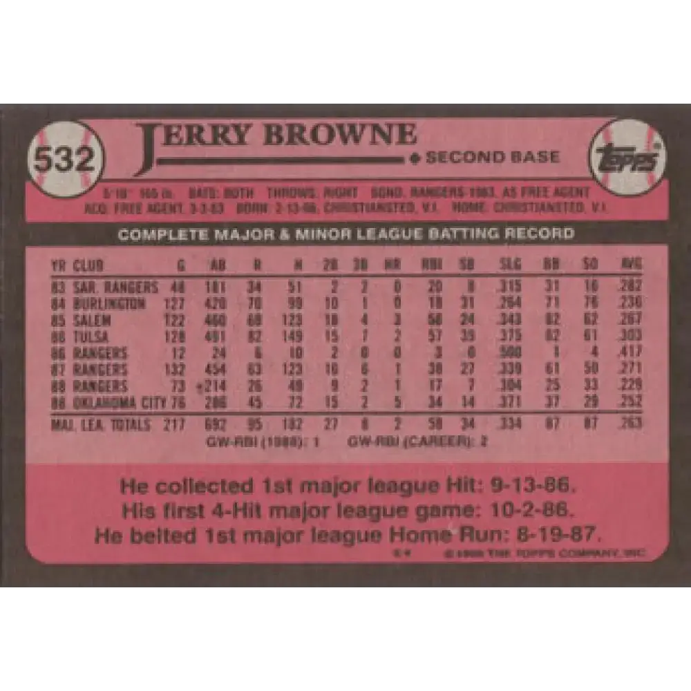 1989 Topps #532 Jerry Browne NM-MT Texas Rangers Baseball Card - Baseball Card Single
