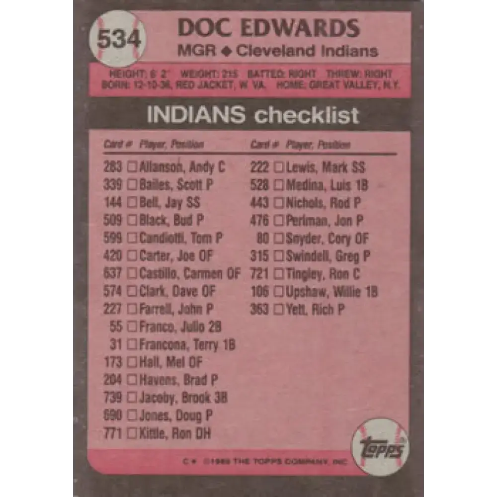 1989 Topps #534 Doc Edwards MG NM-MT Cleveland Indians Baseball Card - Baseball Card Single