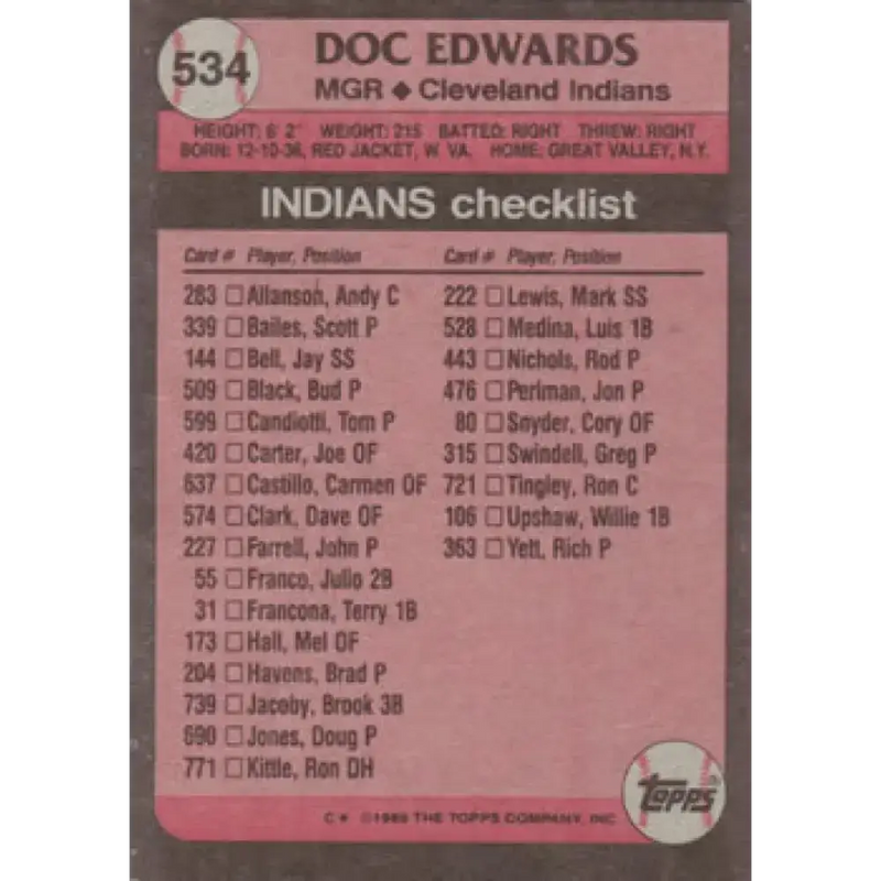 1989 Topps #534 Doc Edwards MG NM-MT Cleveland Indians Baseball Card - Baseball Card Single