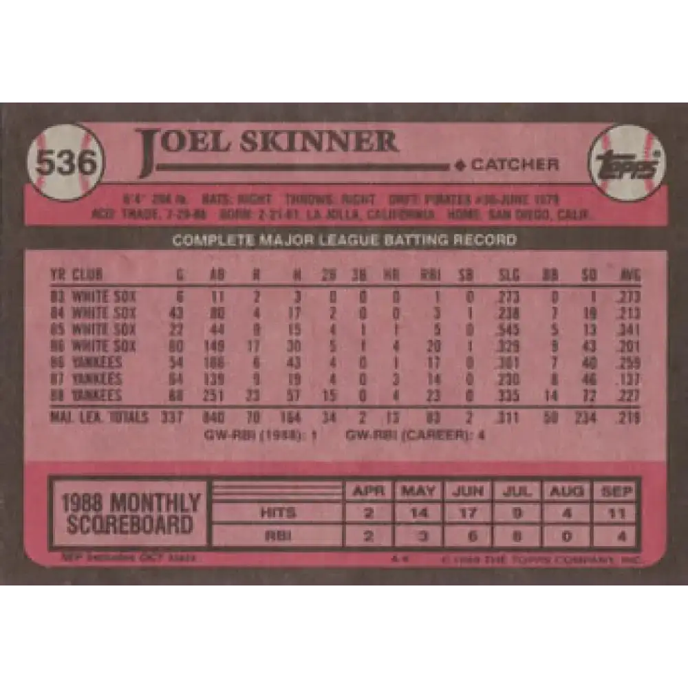1989 Topps #536 Joel Skinner NM-MT New York Yankees Baseball Card - Baseball Card Single