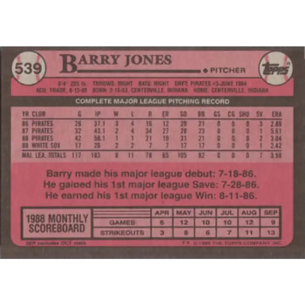 1989 Topps #539 Barry Jones NM-MT Chicago White Sox Baseball Card - Baseball Card Single