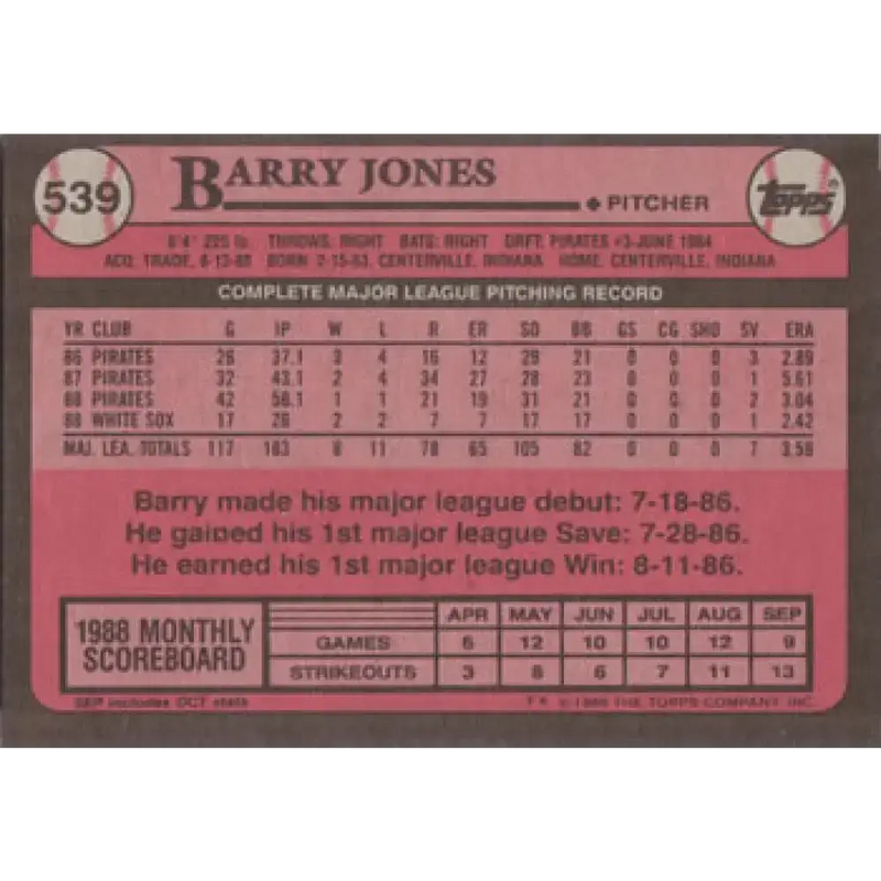 1989 Topps #539 Barry Jones NM-MT Chicago White Sox Baseball Card - Baseball Card Single