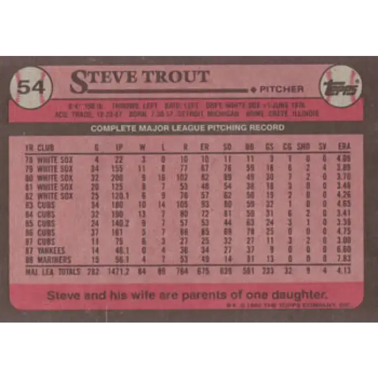 1989 Topps #54 Steve Trout NM-MT Seattle Mariners Baseball Card - Baseball Card Single