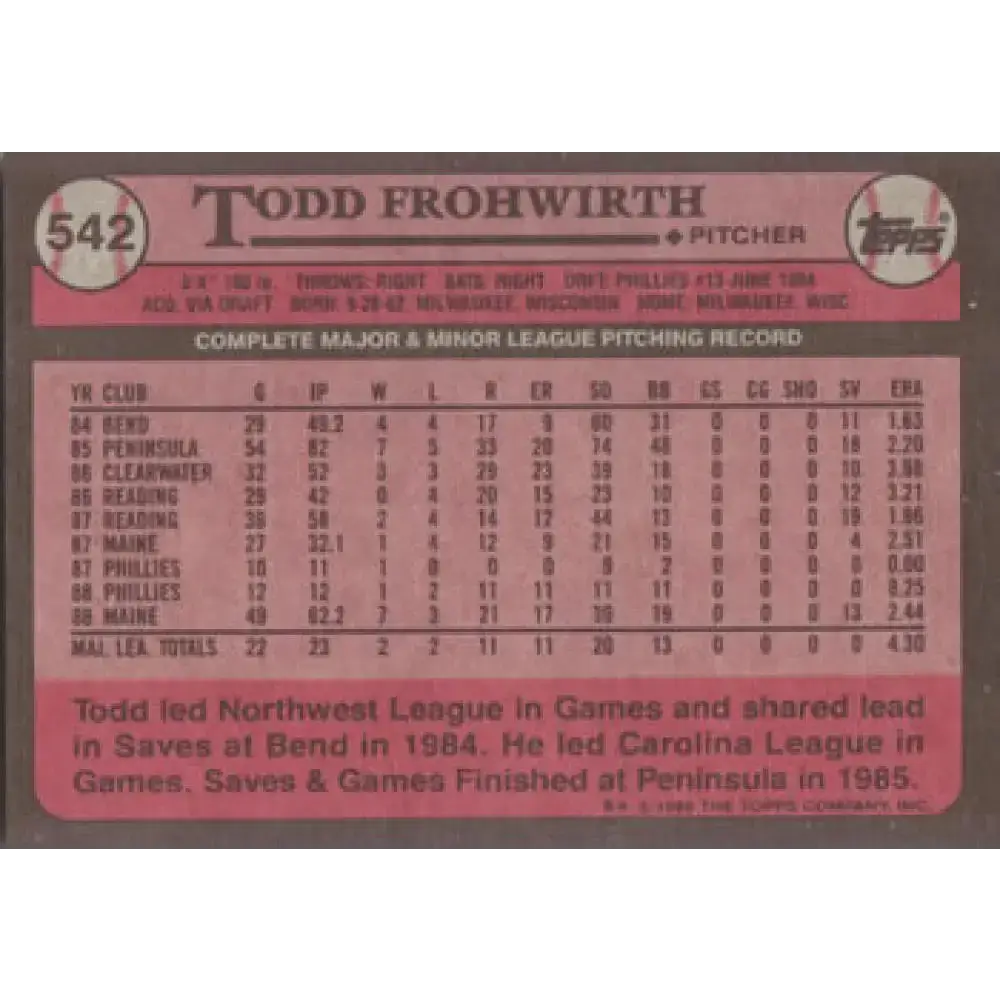 1989 Topps #542 Todd Frohwirth NM-MT Philadelphia Phillies Baseball Card - Baseball Card Single