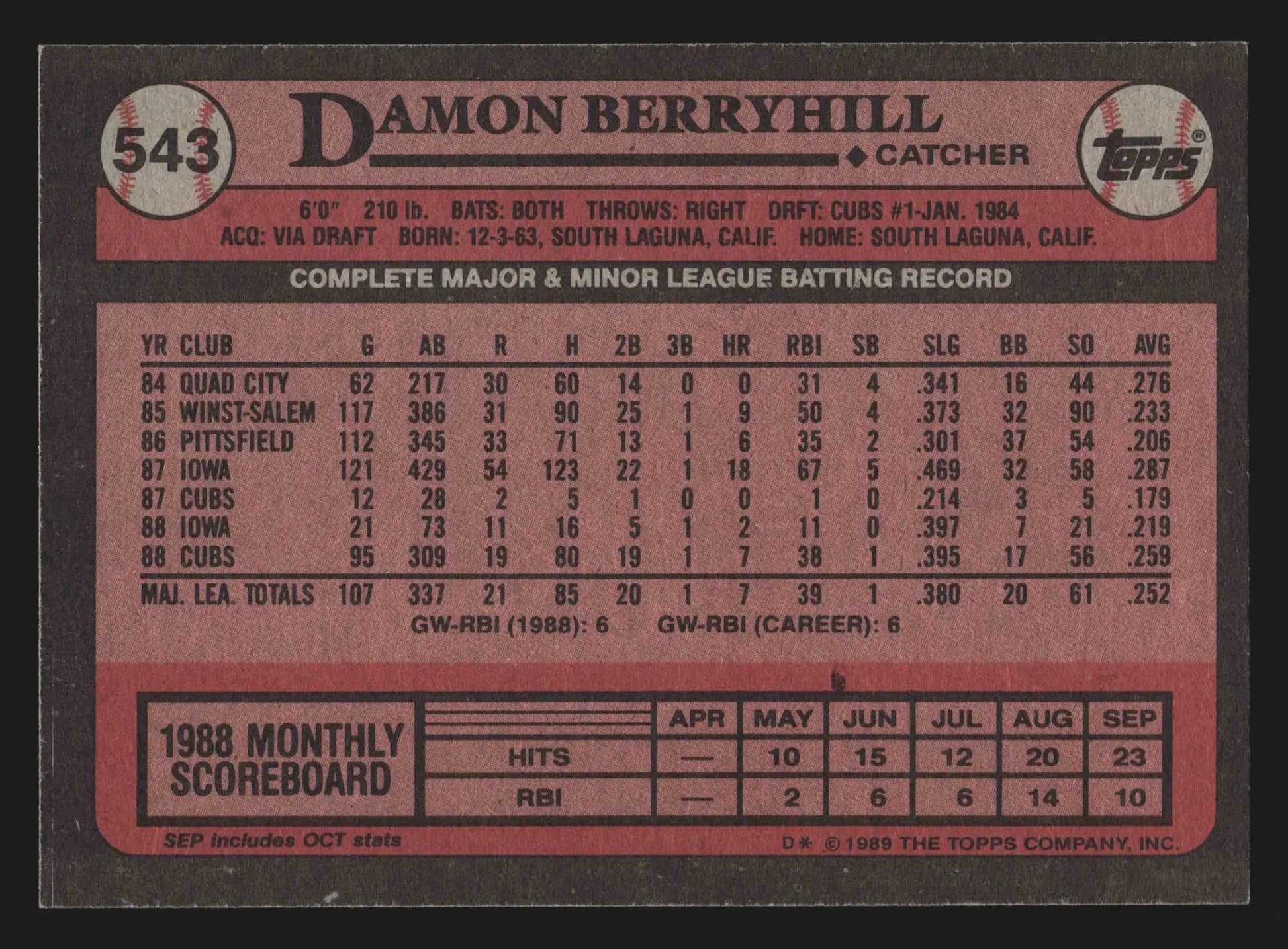 1989 Topps #543 Damon Berryhill All-Star Rookie Cup Chicago Cubs - Baseball Card Single