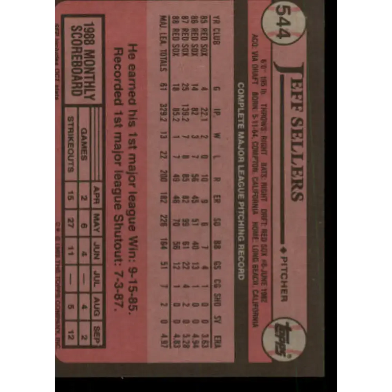 1989 Topps #544 Jeff Sellers NM-MT Boston Red Sox Baseball Card - Baseball Card Single