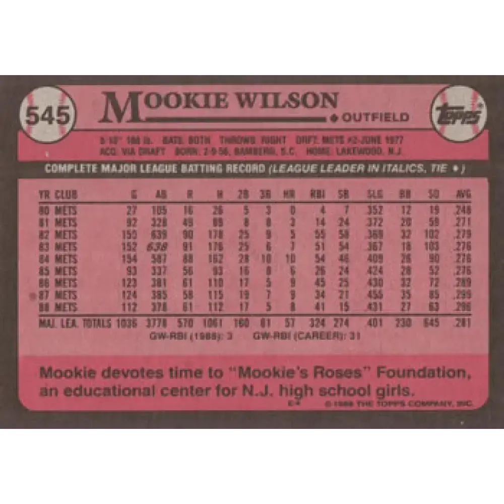 1989 Topps #545 Mookie Wilson NM-MT New York Mets Baseball Card - Baseball Card Single