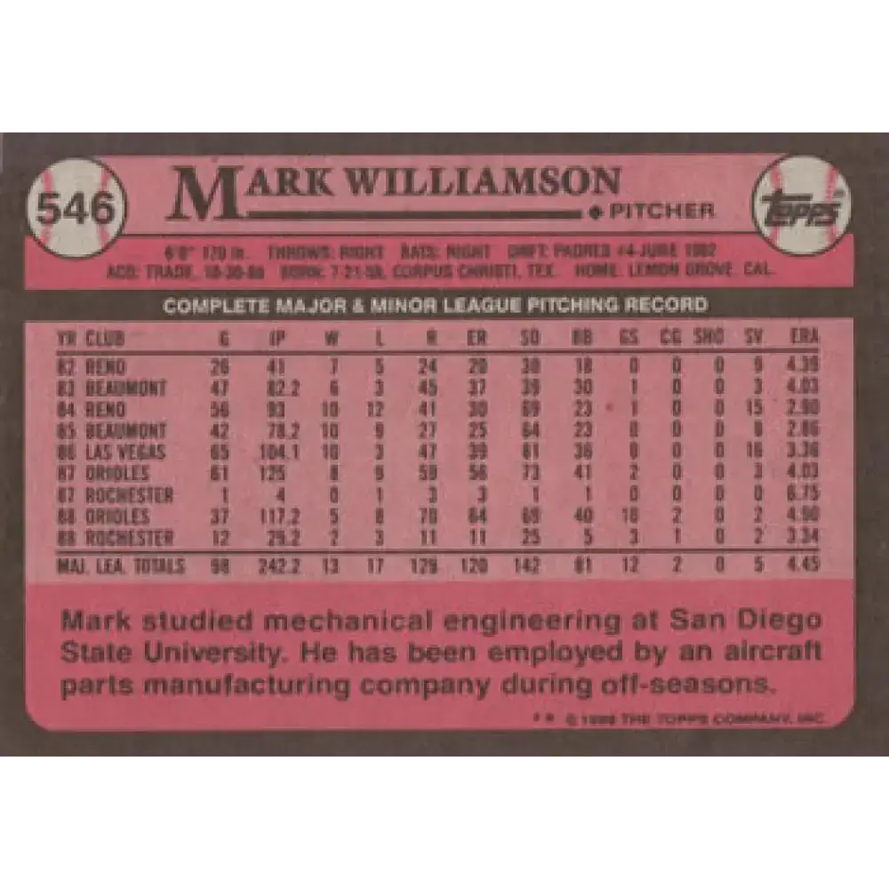 1989 Topps #546 Mark Williamson NM-MT Baltimore Orioles Baseball Card - Baseball Card Single