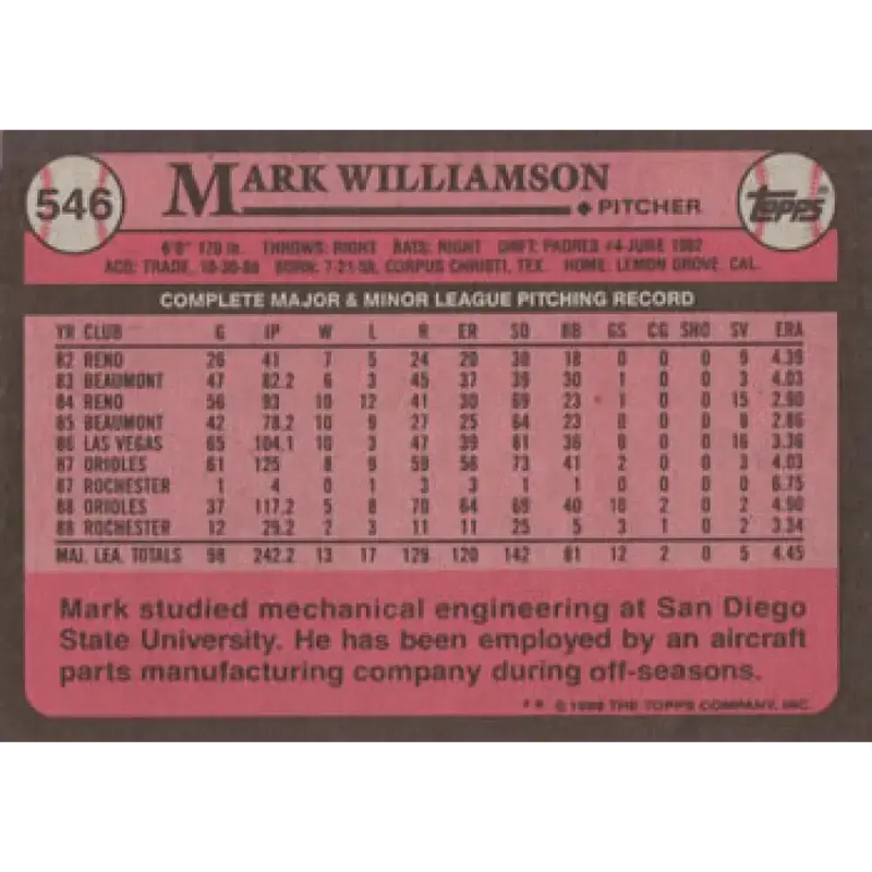 1989 Topps #546 Mark Williamson NM-MT Baltimore Orioles Baseball Card - Baseball Card Single