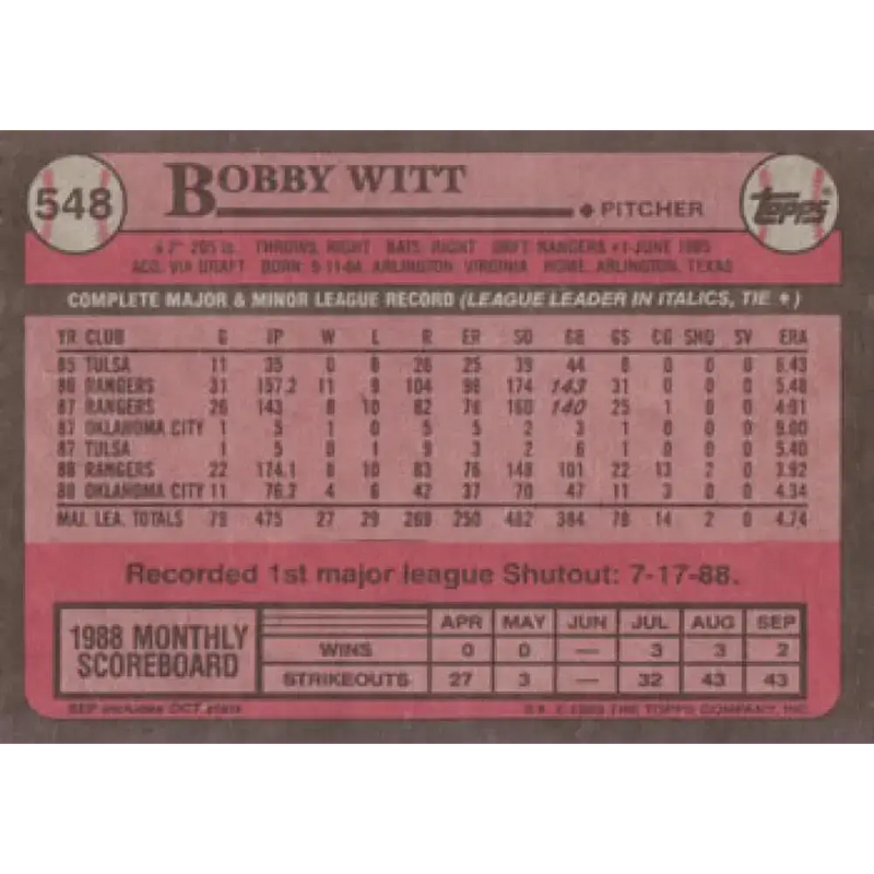 1989 Topps #548 Bobby Witt NM-MT Texas Rangers Baseball Card - Baseball Card Single