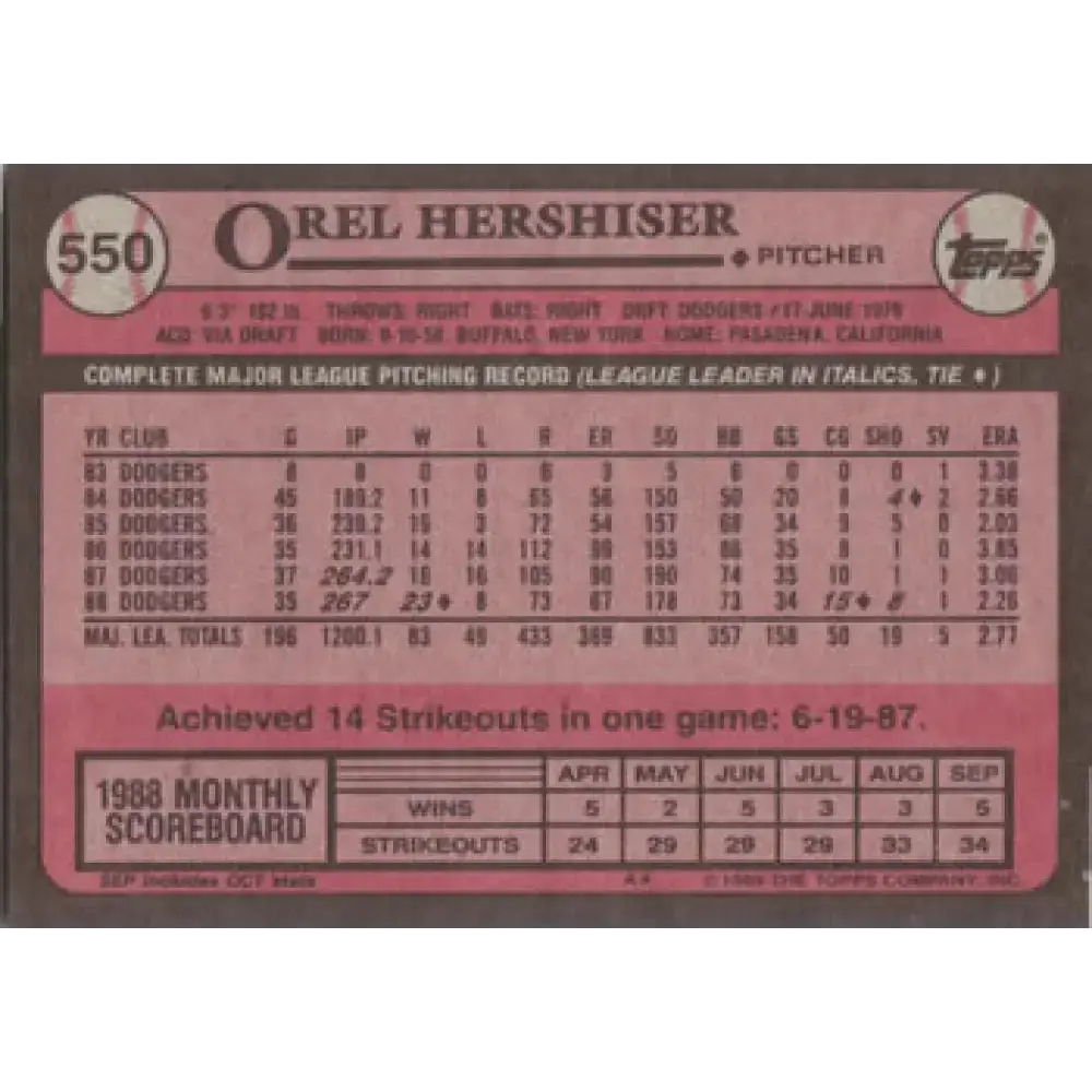 1989 Topps #550 Orel Hershiser NM-MT Los Angeles Dodgers Baseball Card - Baseball Card Single