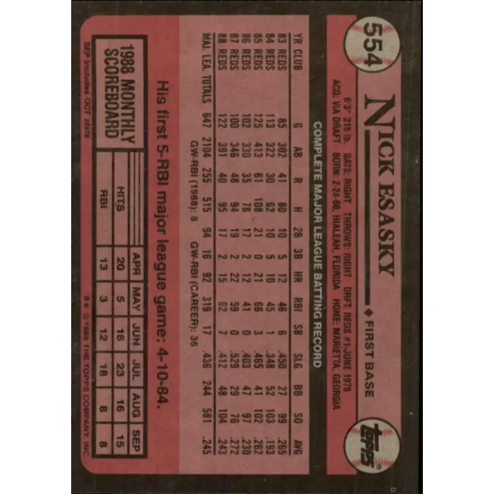 1989 Topps #554 Nick Esasky NM-MT Cincinnati Reds Baseball Card - Baseball Card Single
