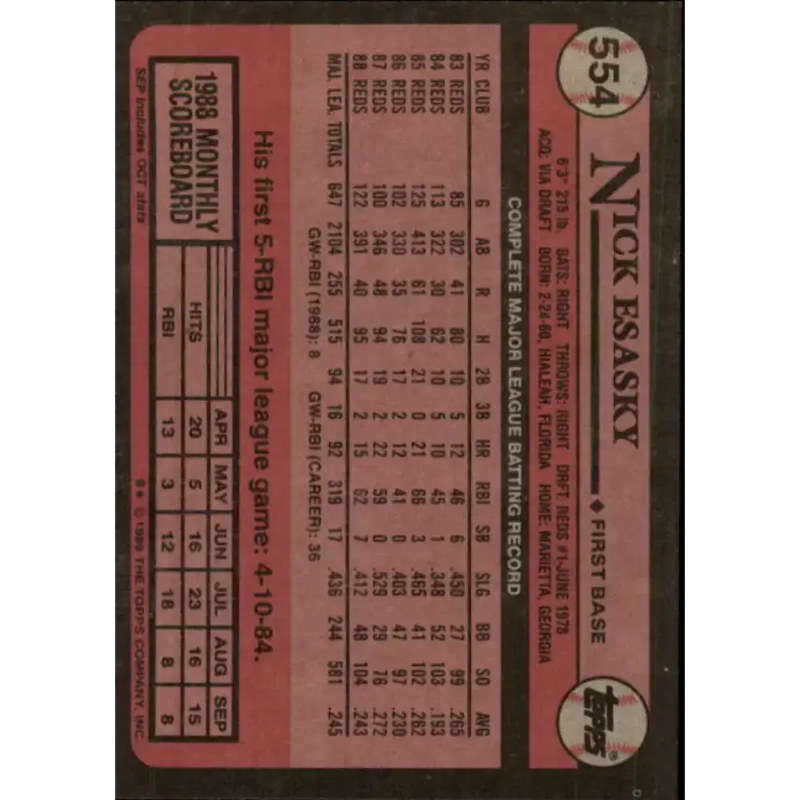 1989 Topps #554 Nick Esasky NM-MT Cincinnati Reds Baseball Card - Baseball Card Single