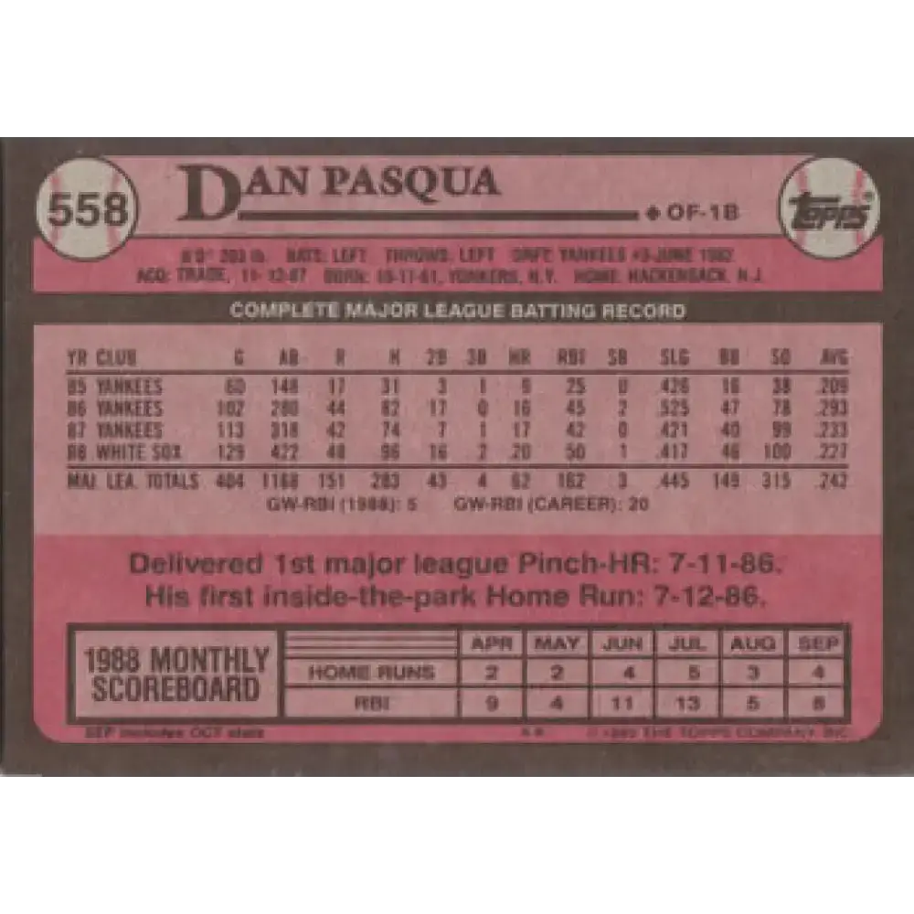 1989 Topps #558 Dan Pasqua NM-MT Chicago White Sox Baseball Card - Baseball Card Single