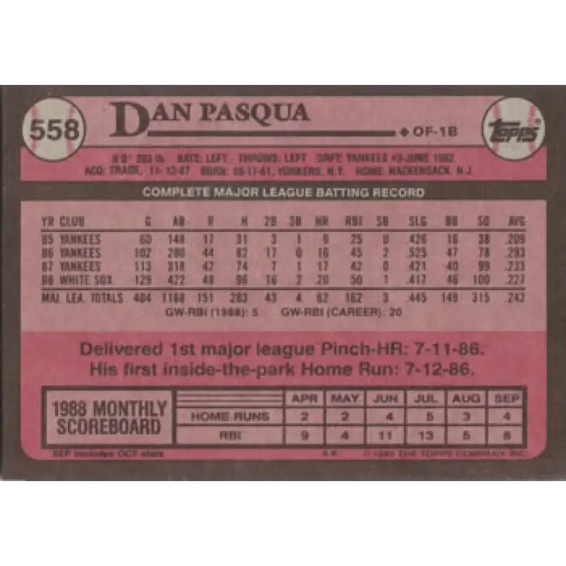 1989 Topps #558 Dan Pasqua NM-MT Chicago White Sox Baseball Card - Baseball Card Single