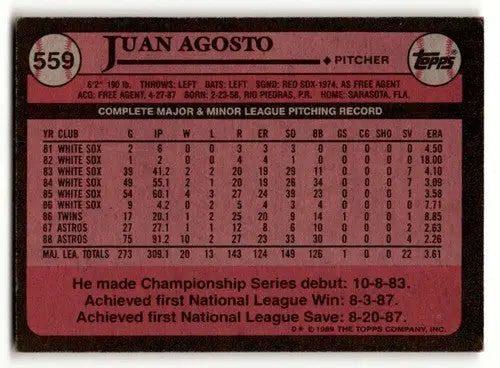 1989 Topps #559 Juan Agosto Houston Astros Baseball Cards EX/NM ID:55075 - Baseball Card Single