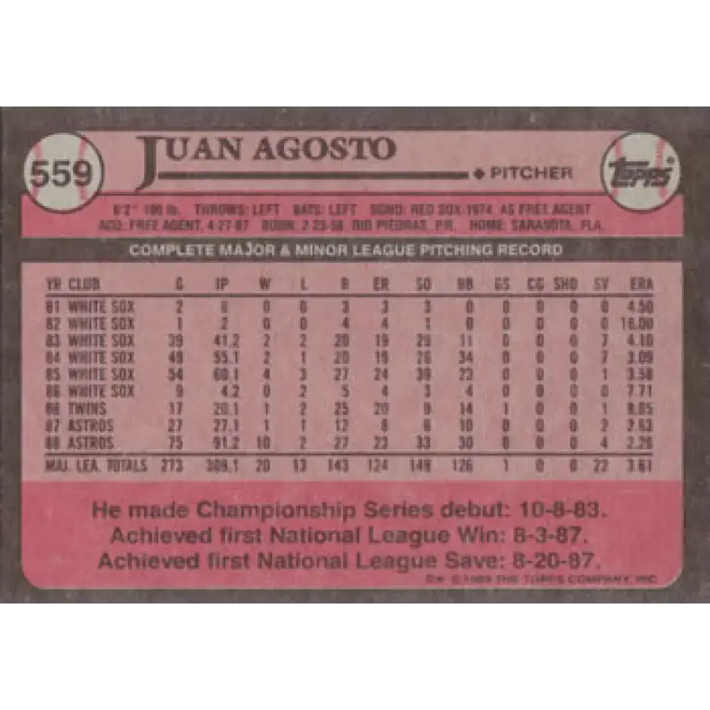 1989 Topps #559 Juan Agosto NM-MT Houston Astros Baseball Card - Baseball Card Single