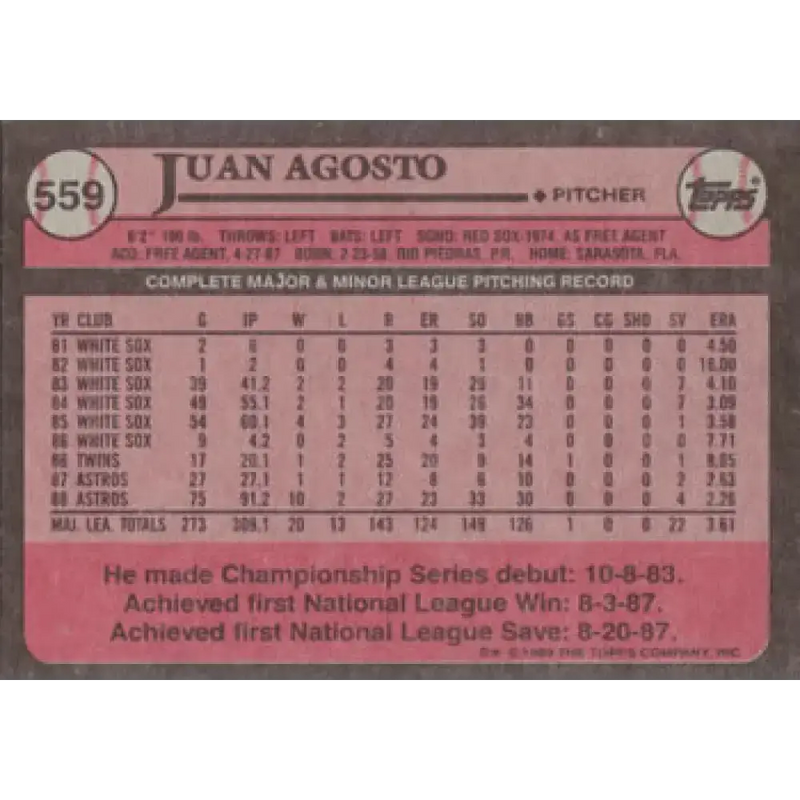 1989 Topps #559 Juan Agosto NM-MT Houston Astros Baseball Card - Baseball Card Single