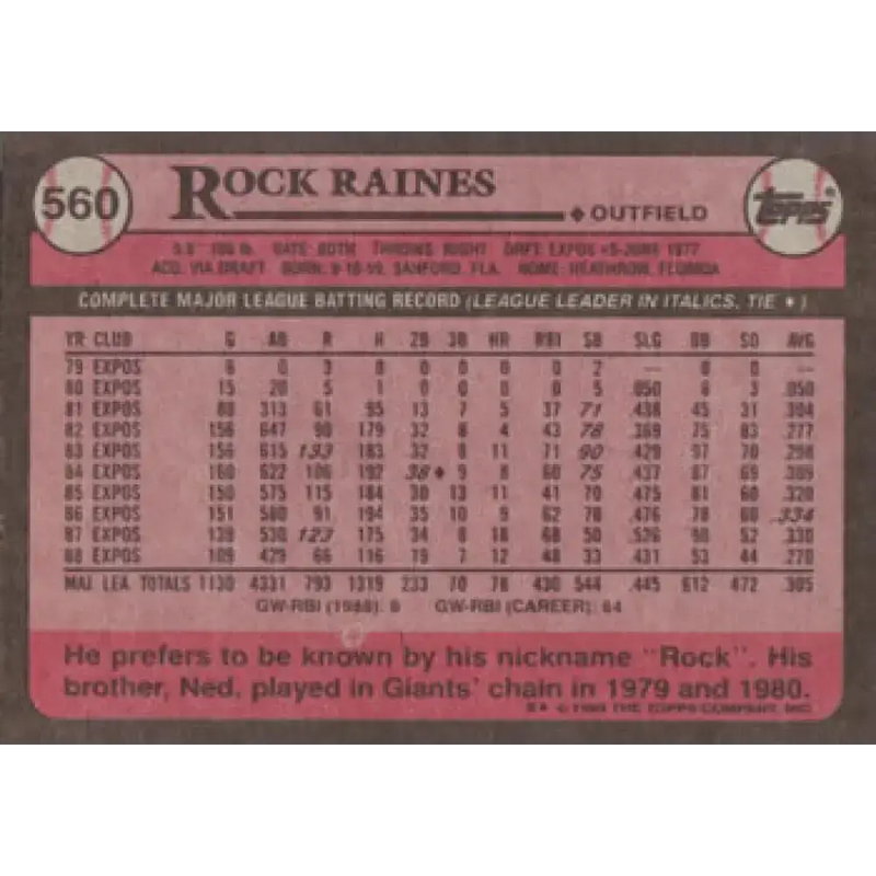 1989 Topps #560 Tim Raines NM-MT Montreal Expos Baseball Card - Baseball Card Single