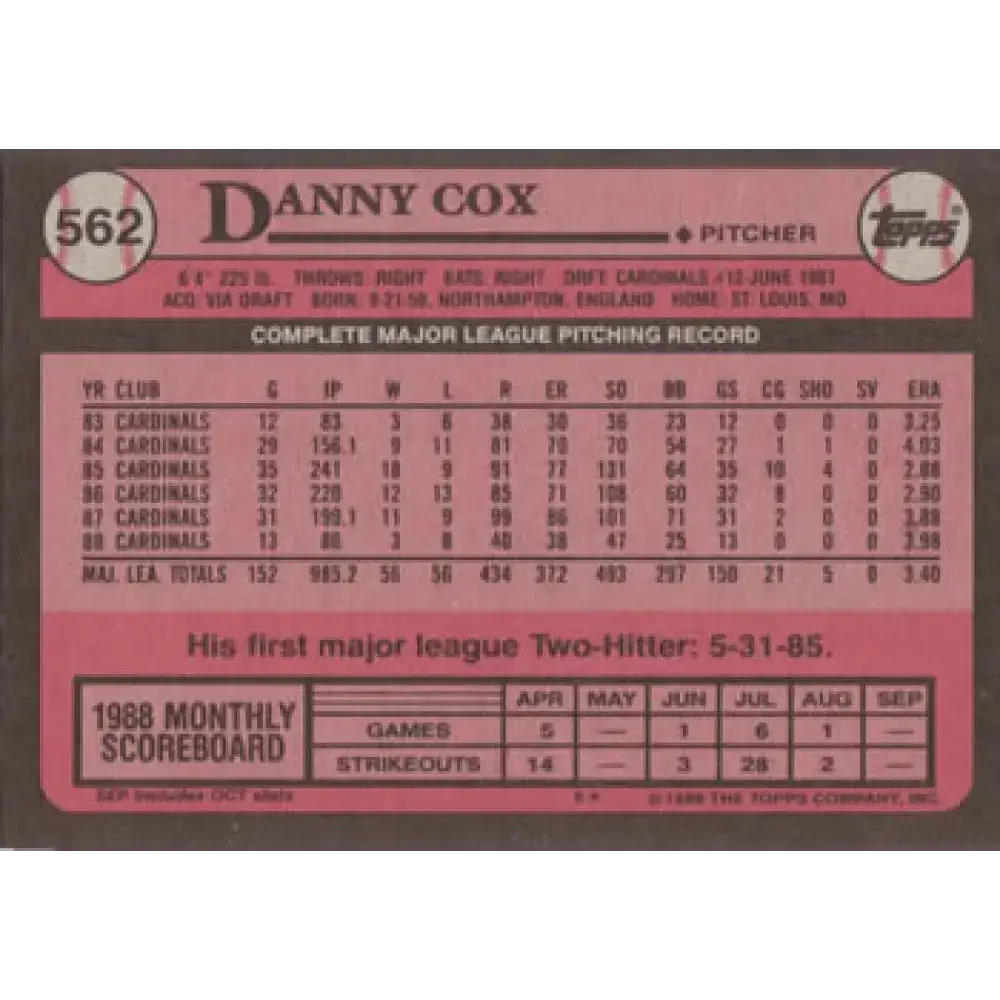 1989 Topps #562 Danny Cox NM-MT St. Louis Cardinals Baseball Card - Baseball Card Single