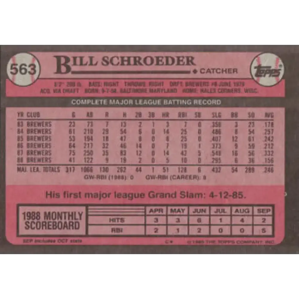 1989 Topps #563 Bill Schroeder NM-MT Milwaukee Brewers Baseball Card - Baseball Card Single