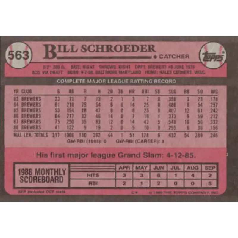 1989 Topps #563 Bill Schroeder NM-MT Milwaukee Brewers Baseball Card - Baseball Card Single