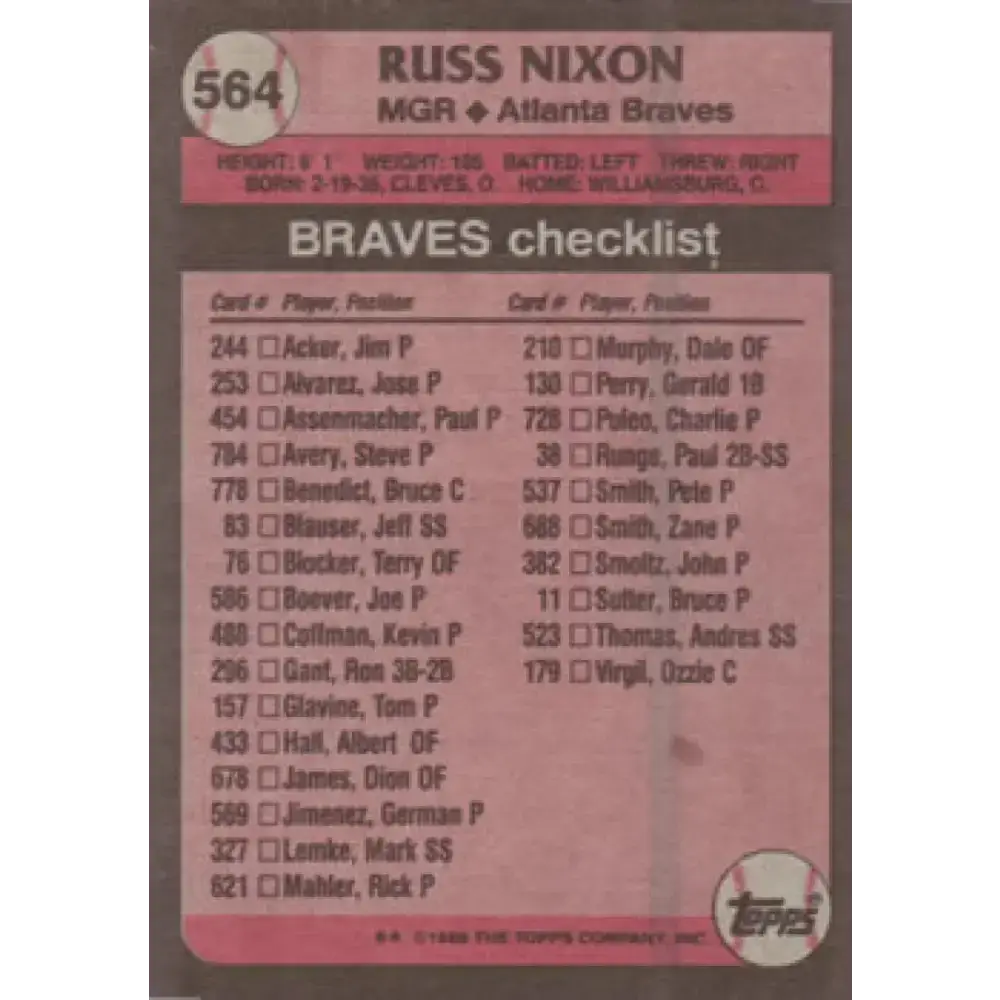 1989 Topps #564 Russ Nixon MG NM-MT Atlanta Braves Baseball Card - Baseball Card Single