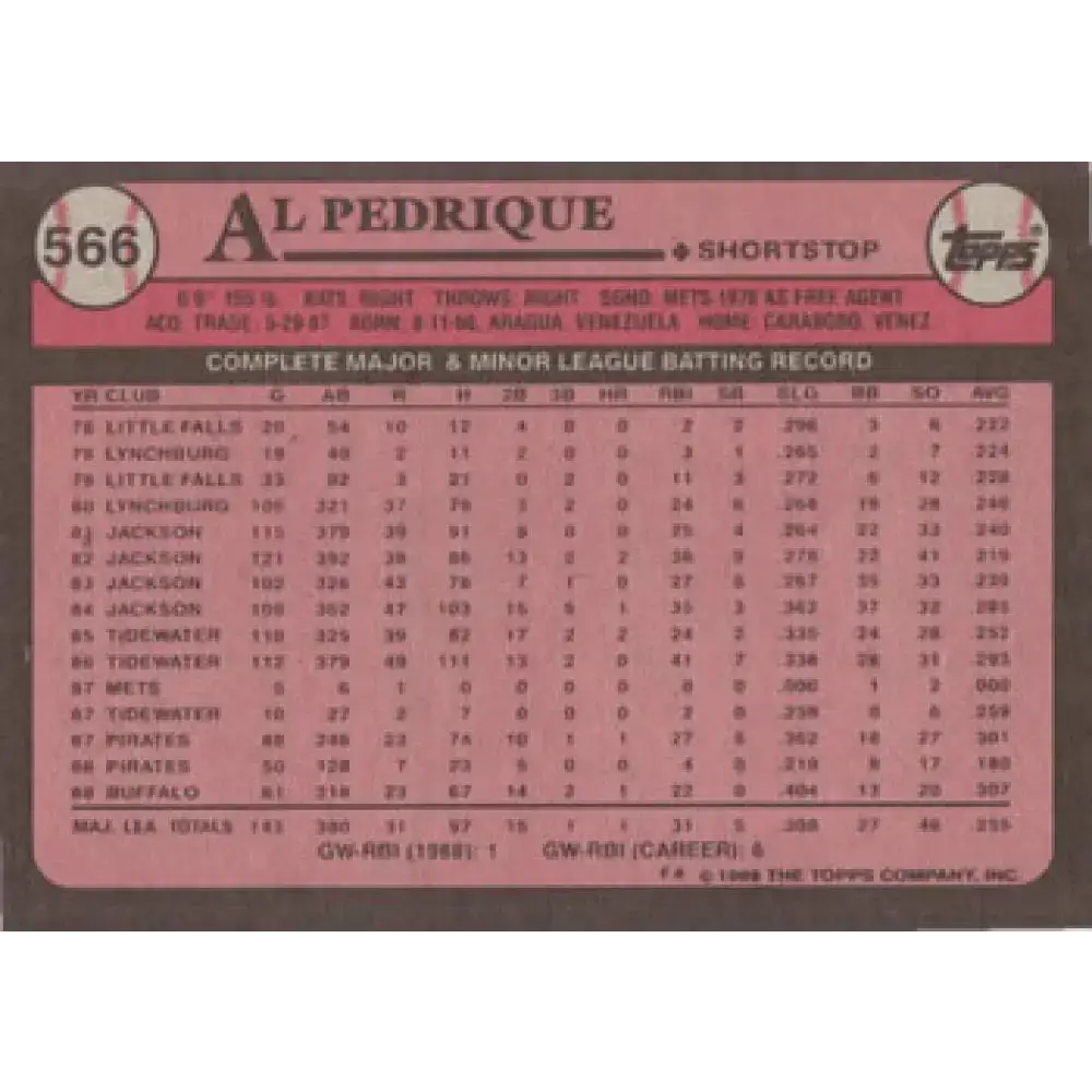 1989 Topps #566 Al Pedrique NM-MT Pittsburgh Pirates Baseball Card - Baseball Card Single