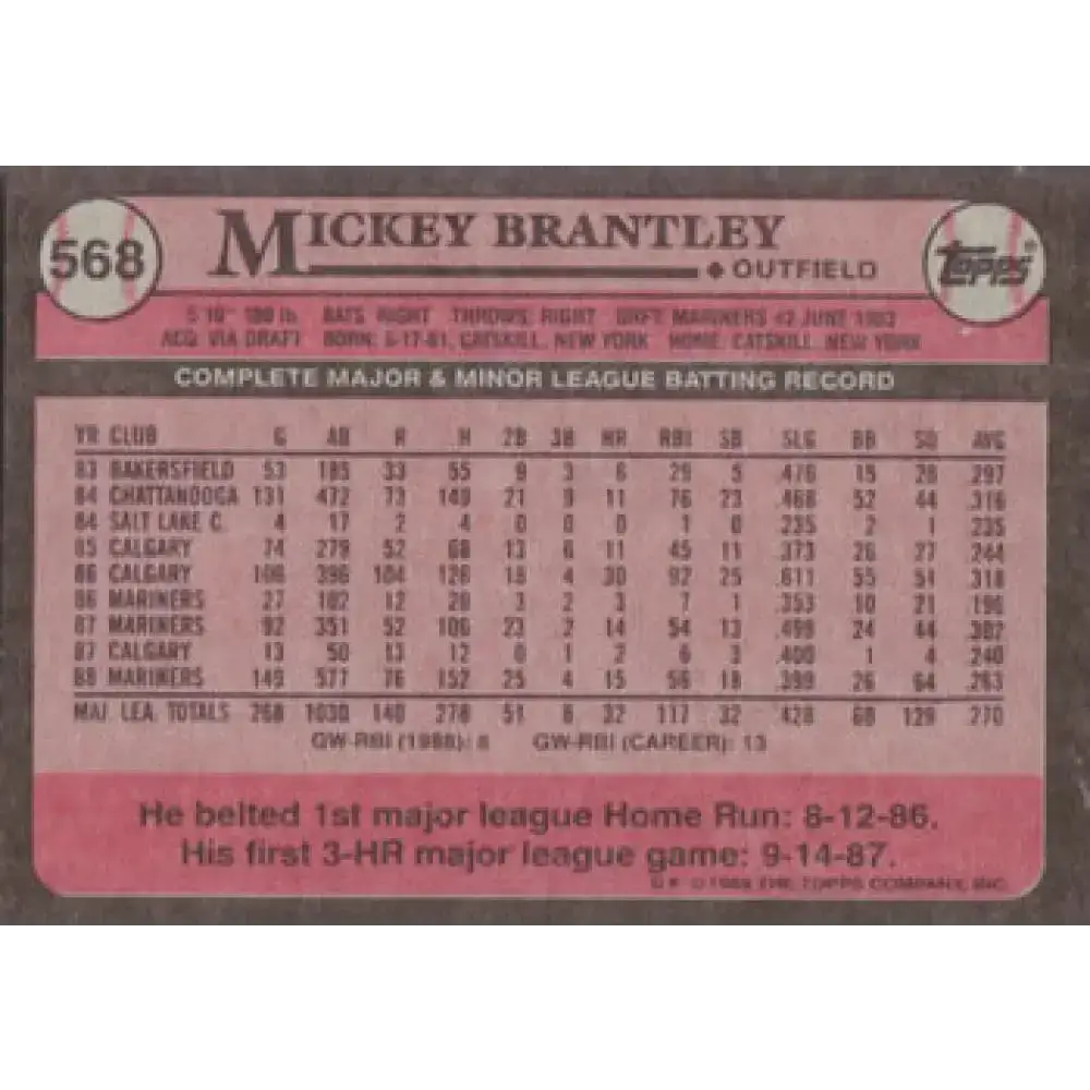 1989 Topps #568 Mickey Brantley NM-MT Seattle Mariners Baseball Card - Baseball Card Single