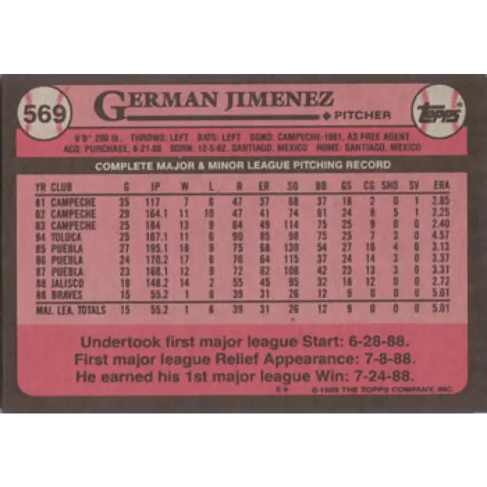 1989 Topps #569 German Jimenez NM-MT RC Rookie Atlanta Braves Baseball Card - Baseball Card Single