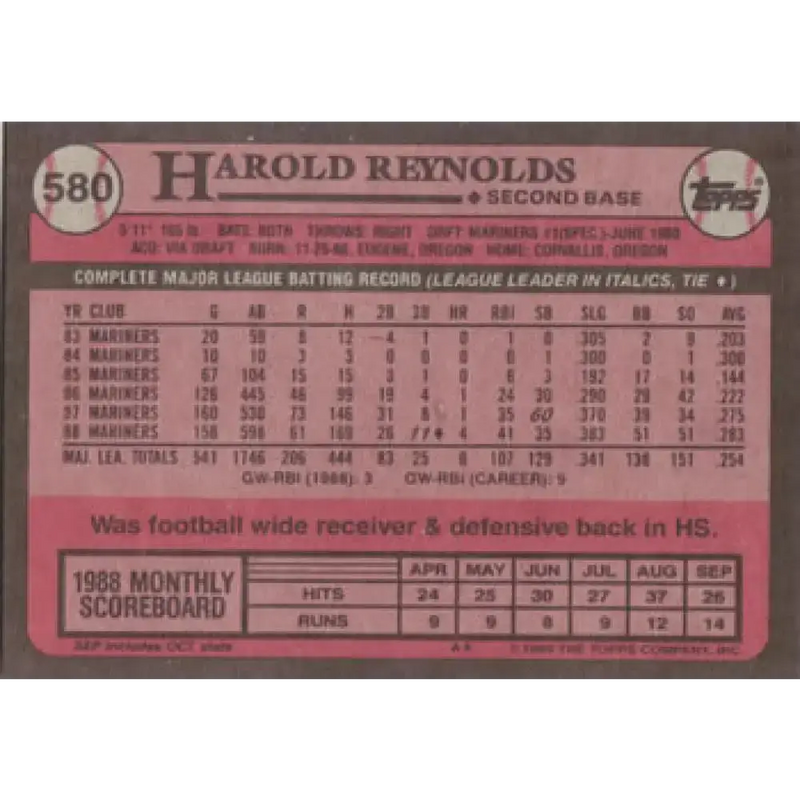 1989 Topps #580 Harold Reynolds NM-MT Seattle Mariners Baseball Card - Baseball Card Single