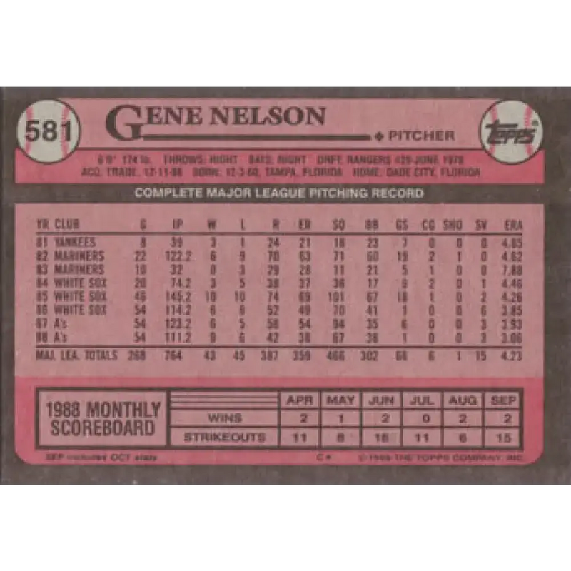 1989 Topps #581 Gene Nelson NM-MT Oakland Athletics Baseball Card - Baseball Card Single