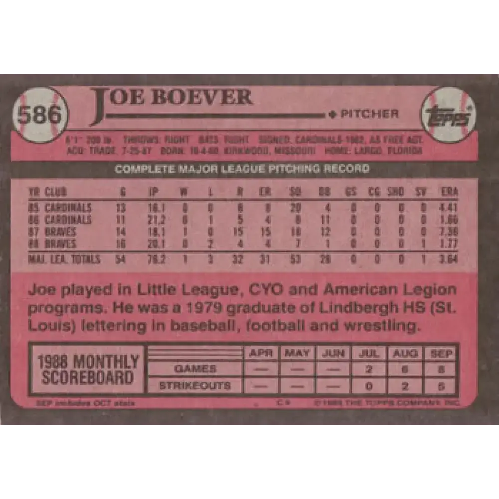 1989 Topps #586 Joe Boever NM-MT Atlanta Braves Baseball Card - Baseball Card Single