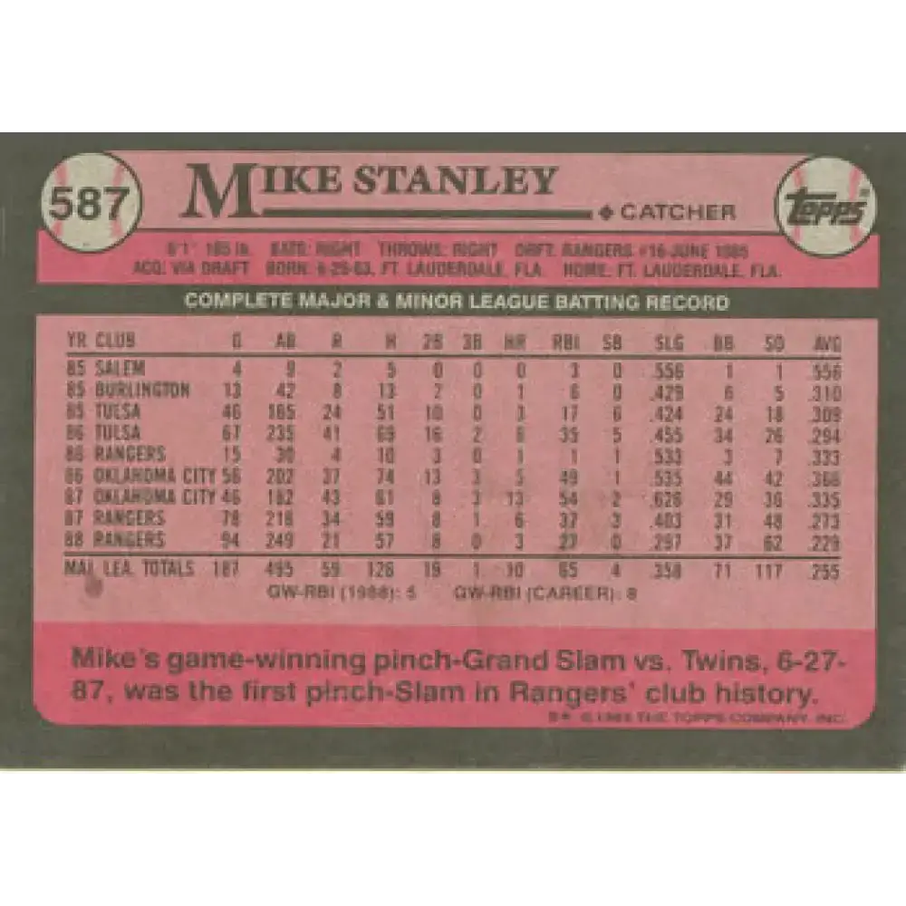 1989 Topps #587 Mike Stanley NM-MT Texas Rangers Baseball Card - Baseball Card Single