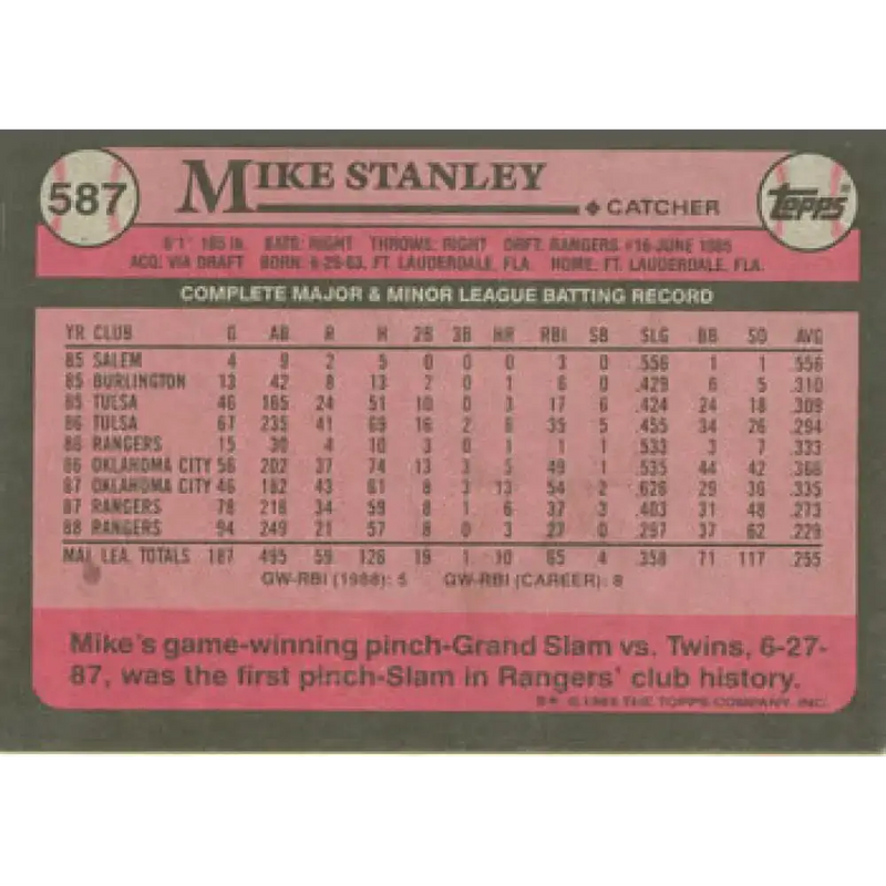1989 Topps #587 Mike Stanley NM-MT Texas Rangers Baseball Card - Baseball Card Single