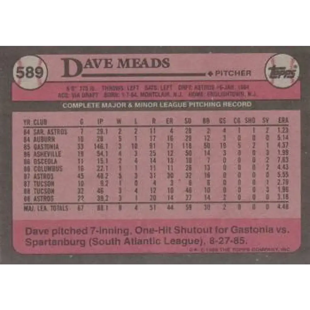 1989 Topps #589 Dave Meads NM-MT Houston Astros Baseball Card - Baseball Card Single