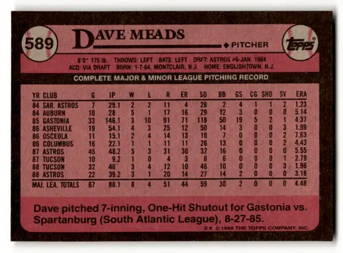 Original gloss Dave Meads baseball card from 1989 Topps #589 Astros featuring Simply Sandoval