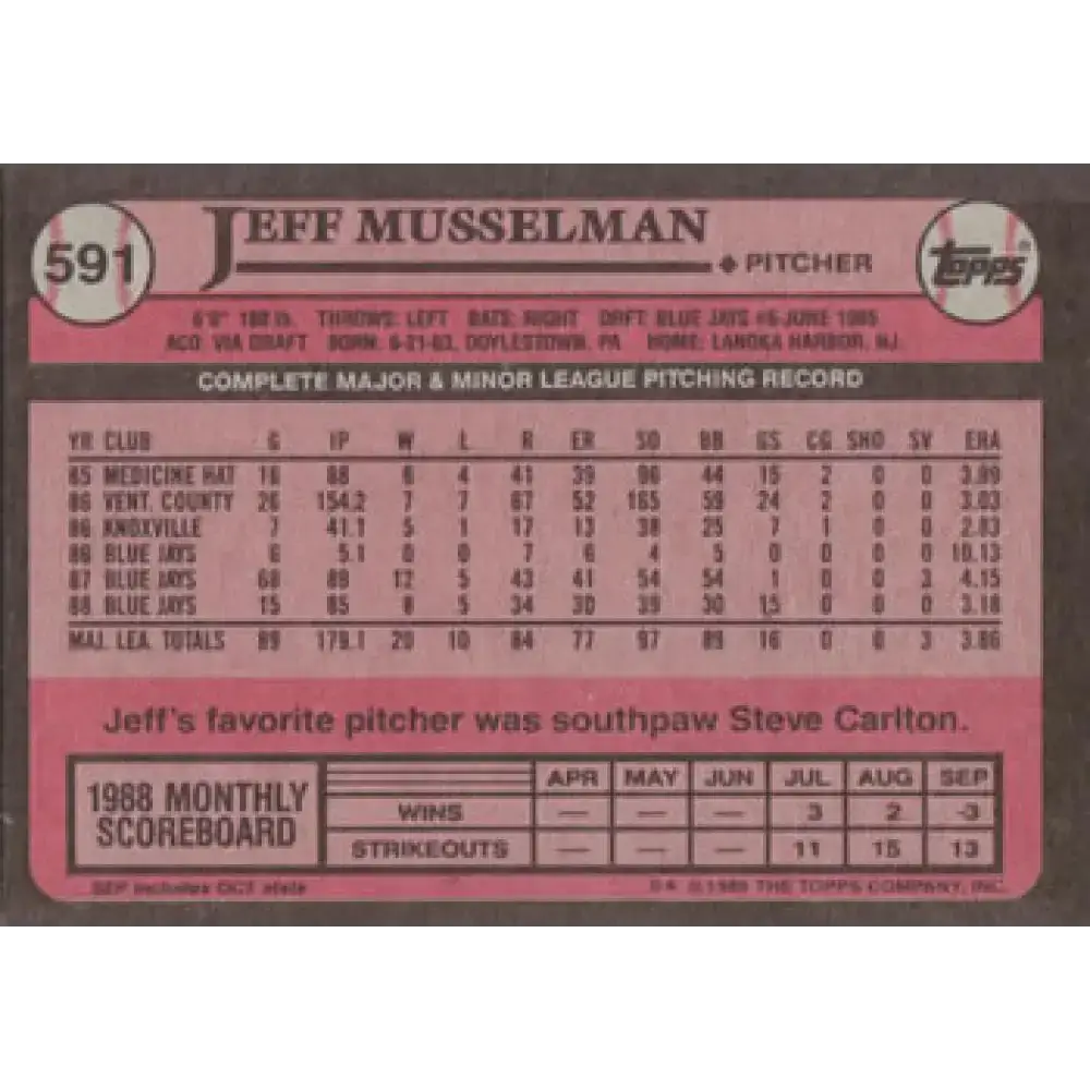 1989 Topps #591 Jeff Musselman NM-MT Toronto Blue Jays Baseball Card - Baseball Card Single