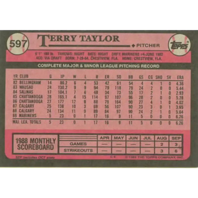 1989 Topps #597 Terry Taylor NM-MT RC Rookie Seattle Mariners Baseball Card - Baseball Card Single