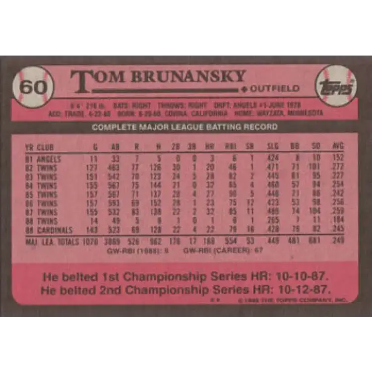 1989 Topps #60 Tom Brunansky NM-MT St. Louis Cardinals Baseball Card - Baseball Card Single